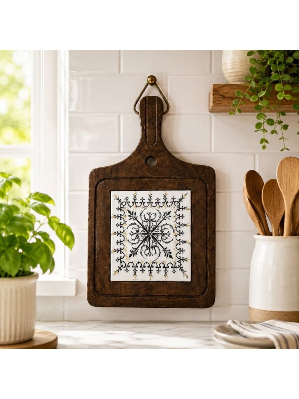 Vintage Wooden Wall-Mounted Cutting Board With Black & Gold Tile Decorative Kitc